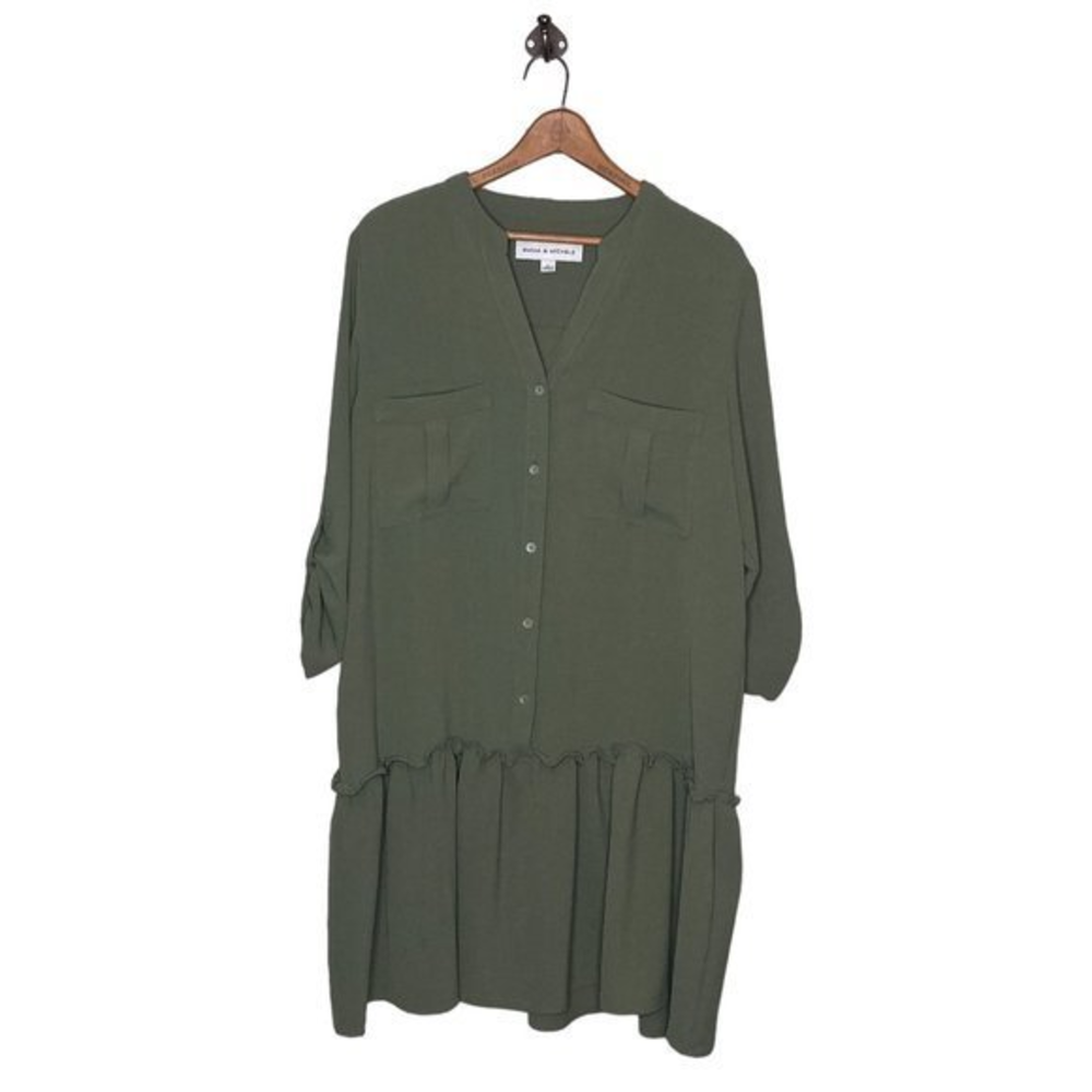 Emma & Michele Large L Green Ruffle Hem Front Pocket Roll Tab Sleeve Mini Dress